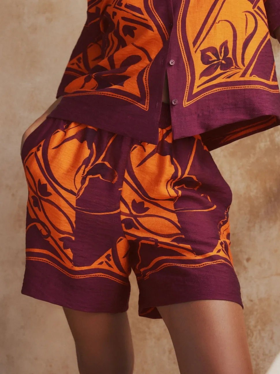 Orange/Burgundy Exotic Border Print Elasticated Waist Resort Shorts