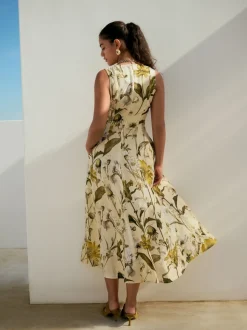 Pastel Yellow Floral Print Sleeveless Column A-Line Maxi Dress