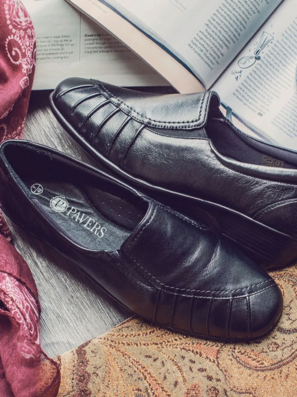 Pavers Black Ladies Wide Fit Leather Slip-On Shoes