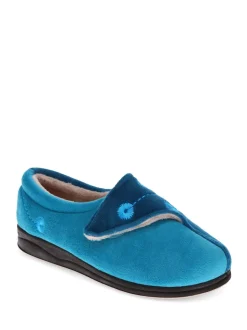 Pavers Blue Teal Wide Fit Ladies Touch Fasten Full Slippers With Permalose Sole