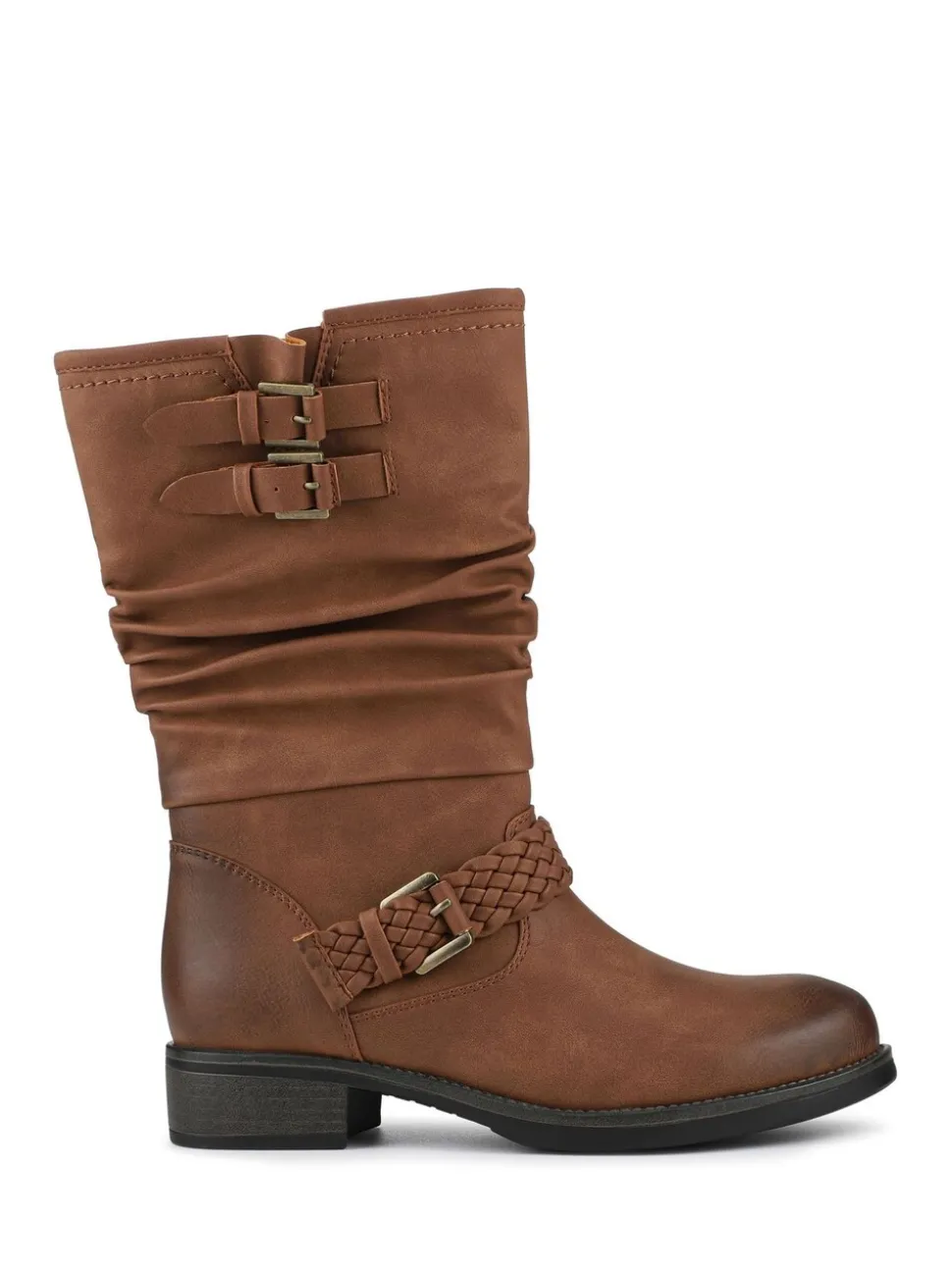 Pavers Brown Buckle-Detailed Calf Length Boots