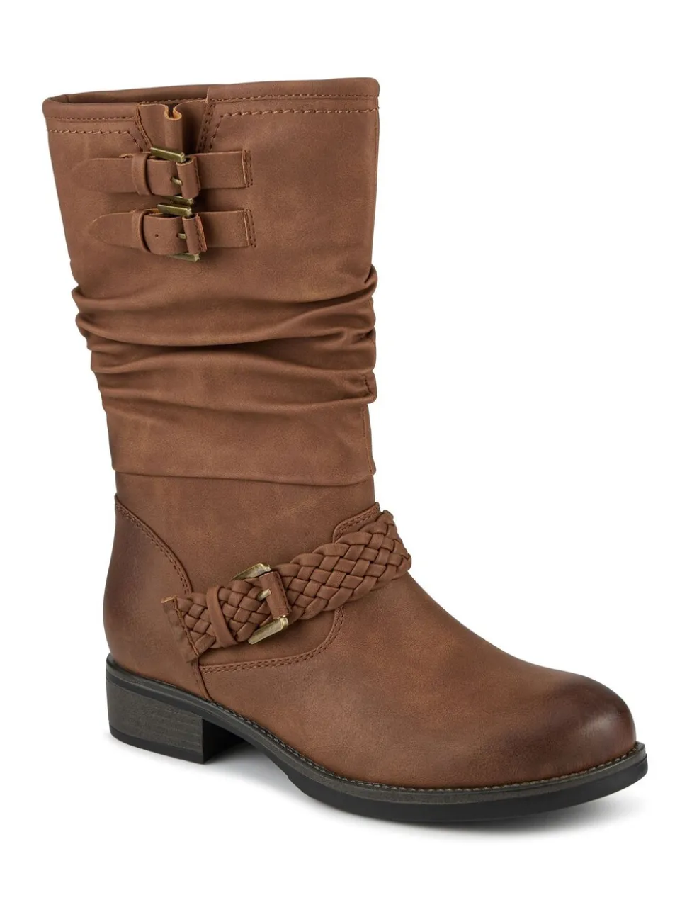 Pavers Brown Buckle-Detailed Calf Length Boots
