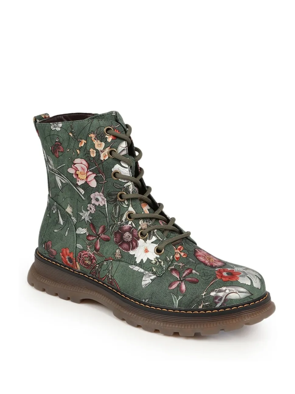 Pavers Green Lace Up Floral Boots