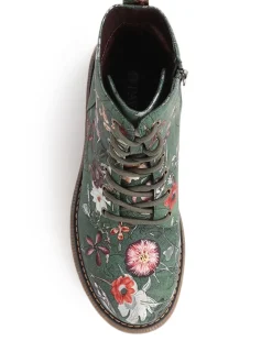 Pavers Green Lace Up Floral Boots