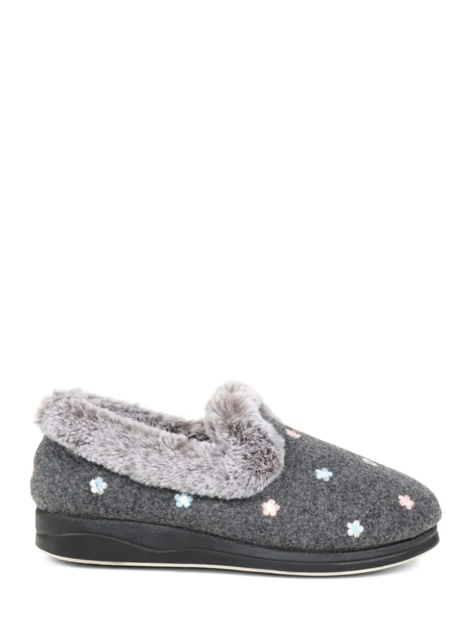 Pavers Grey Floral Faux Fur Slippers