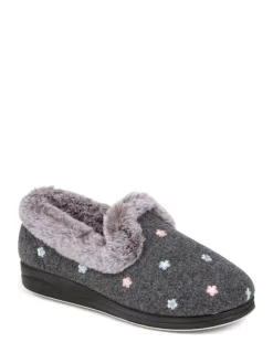 Pavers Grey Floral Faux Fur Slippers