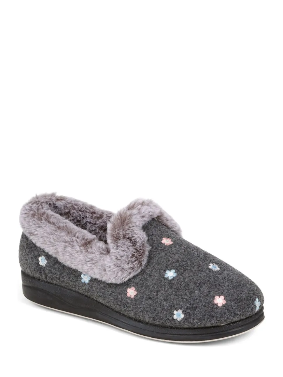 Pavers Grey Floral Faux Fur Slippers
