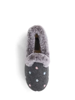 Pavers Grey Floral Faux Fur Slippers