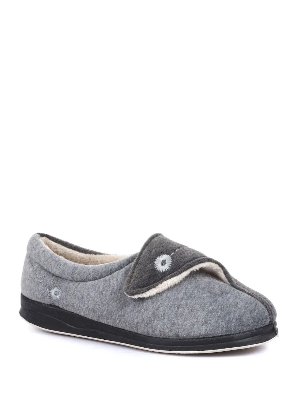 Pavers Grey Wide Fit Ladies Touch Fasten Full Slippers With Permalose Sole