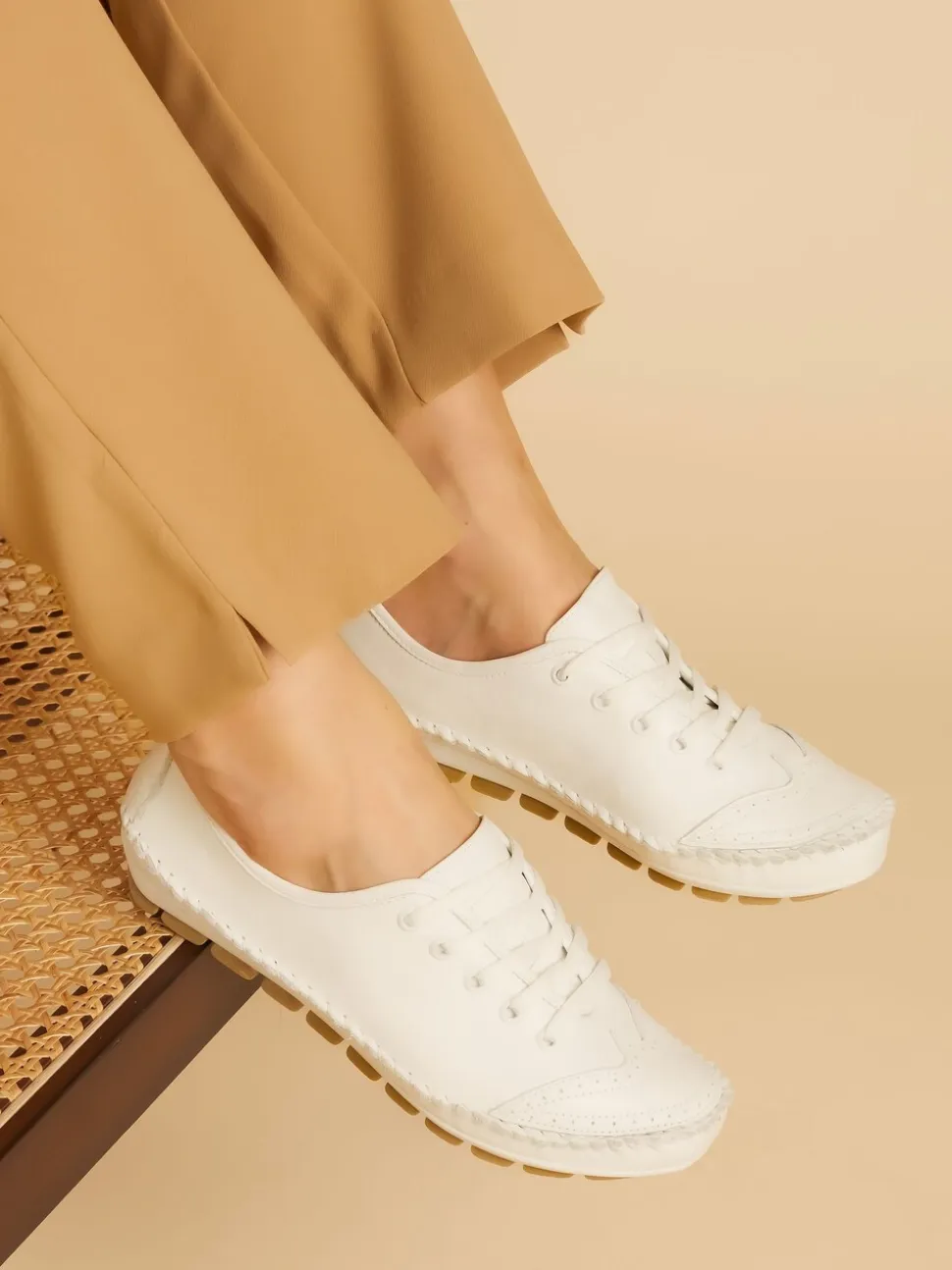 Pavers White Ladies Leather Lace-Up Trainers
