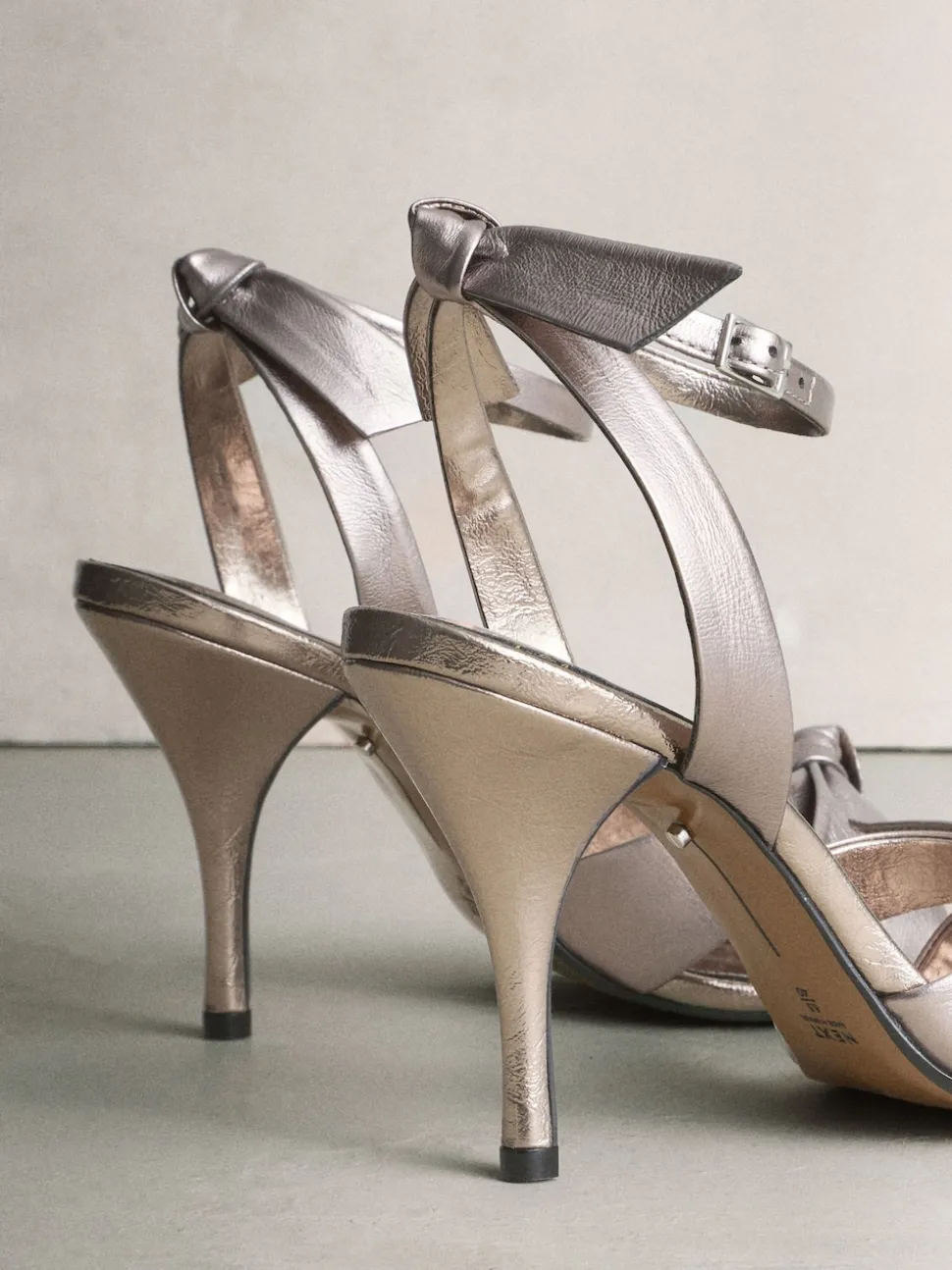 Pewter Signature Premium Leather Studded Bow Heeled Sandals