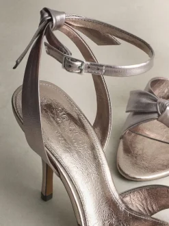 Pewter Signature Premium Leather Studded Bow Heeled Sandals