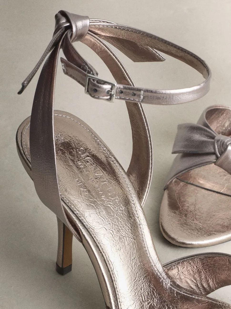 Pewter Signature Premium Leather Studded Bow Heeled Sandals