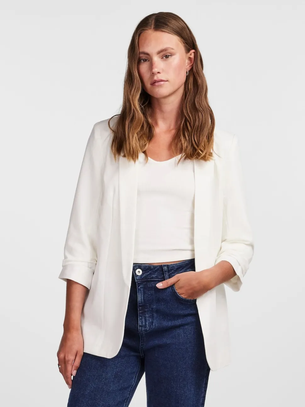 PIECES White Ruched Sleeve Blazer