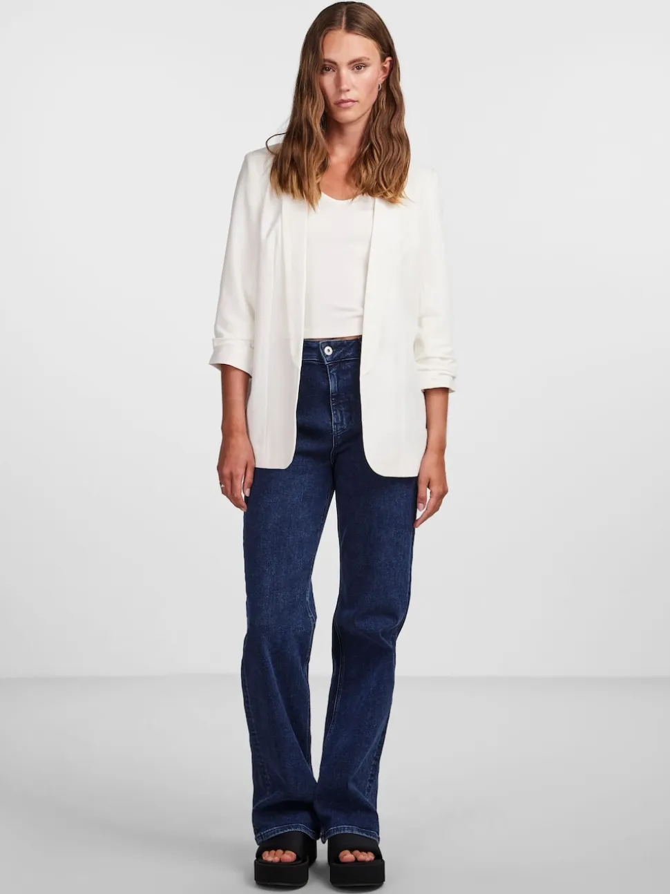 PIECES White Ruched Sleeve Blazer