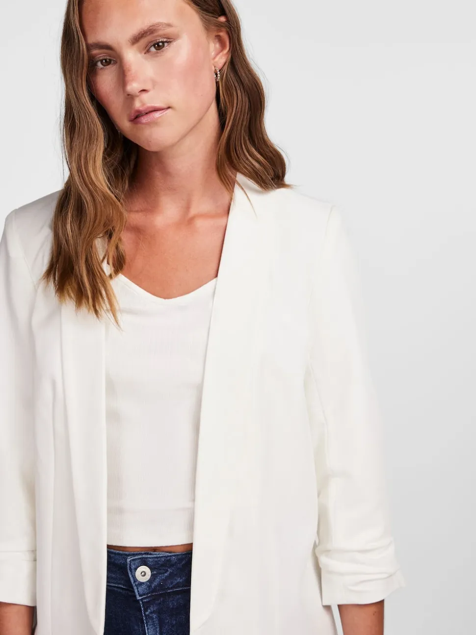 PIECES White Ruched Sleeve Blazer