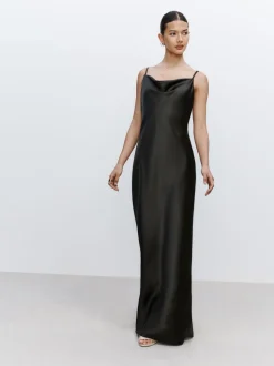 Pine Green Satin Cowl Neck Wedding Guest Bridesmaid Maxi Dress