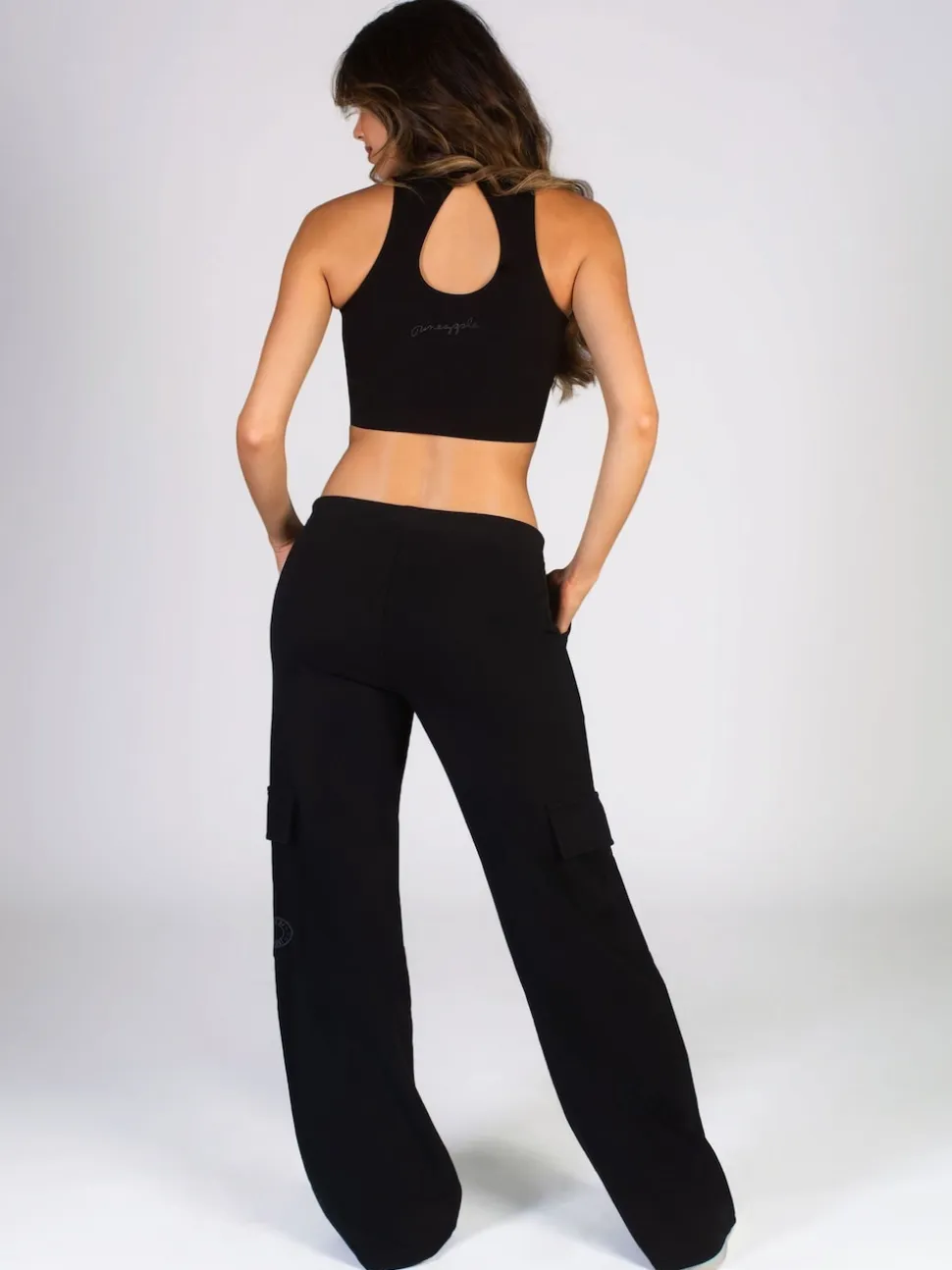 Pineapple Black Womens Cargo Wide Leg Joggers