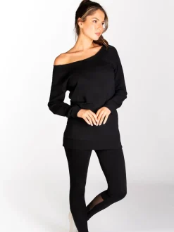 Pineapple Black Womens Off Shoulder Longline Sweatshirt