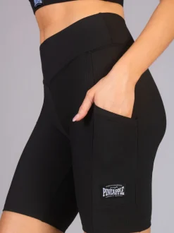 Pineapple Black Womens Rib Cycling Shorts with Pocket