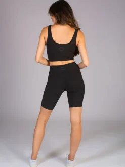 Pineapple Black Womens Rib Cycling Shorts with Pocket