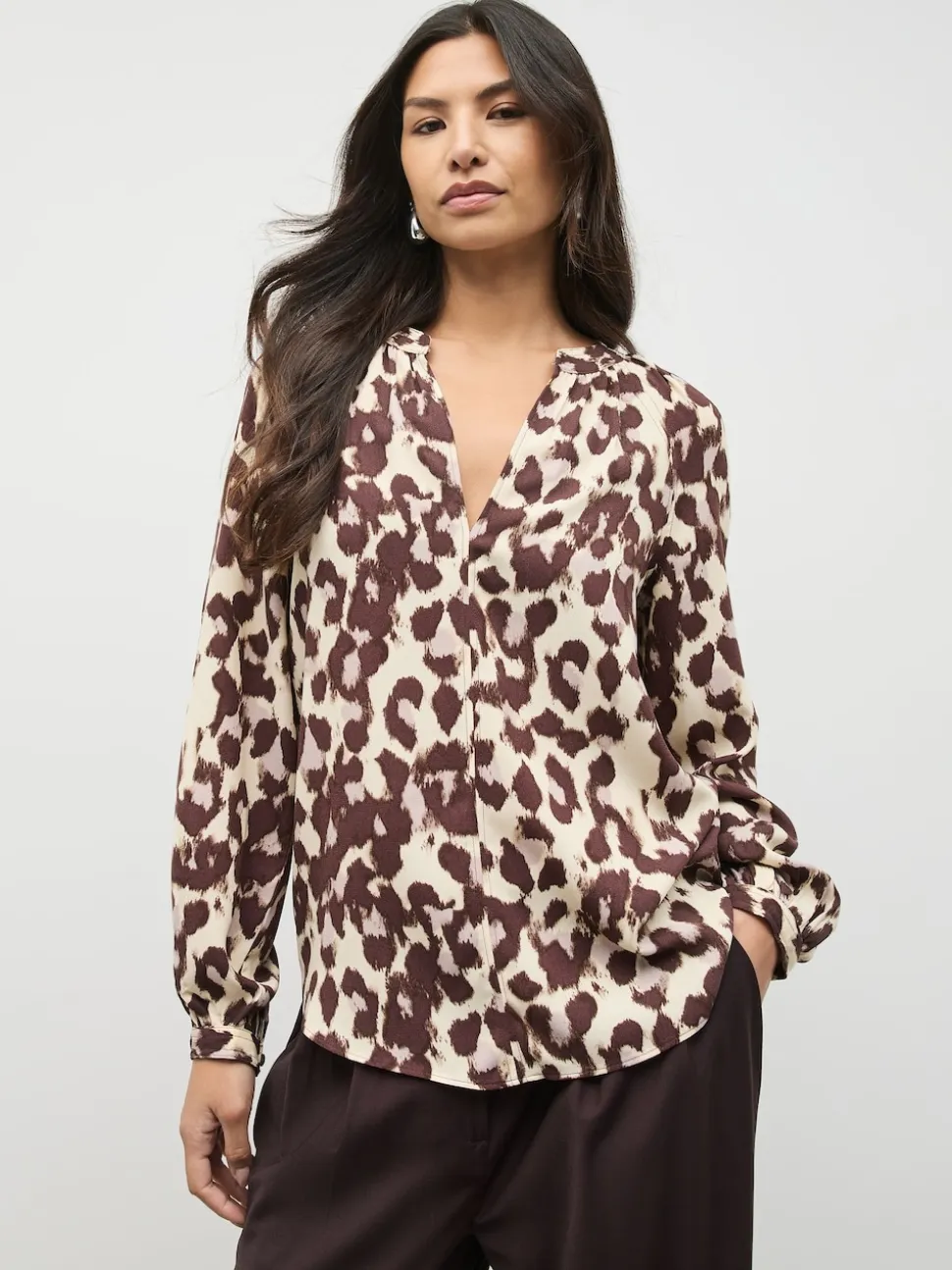 Pink Animal Print Long Sleeve V-Neck Blouse