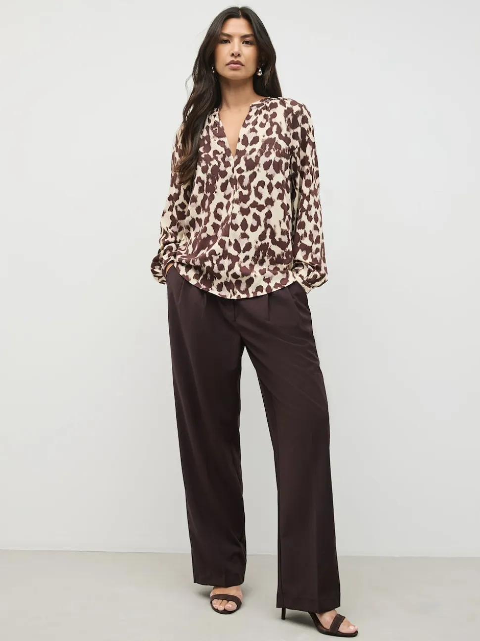 Pink Animal Print Long Sleeve V-Neck Blouse
