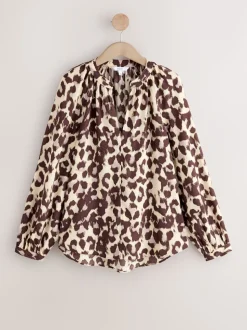 Pink Animal Print Long Sleeve V-Neck Blouse