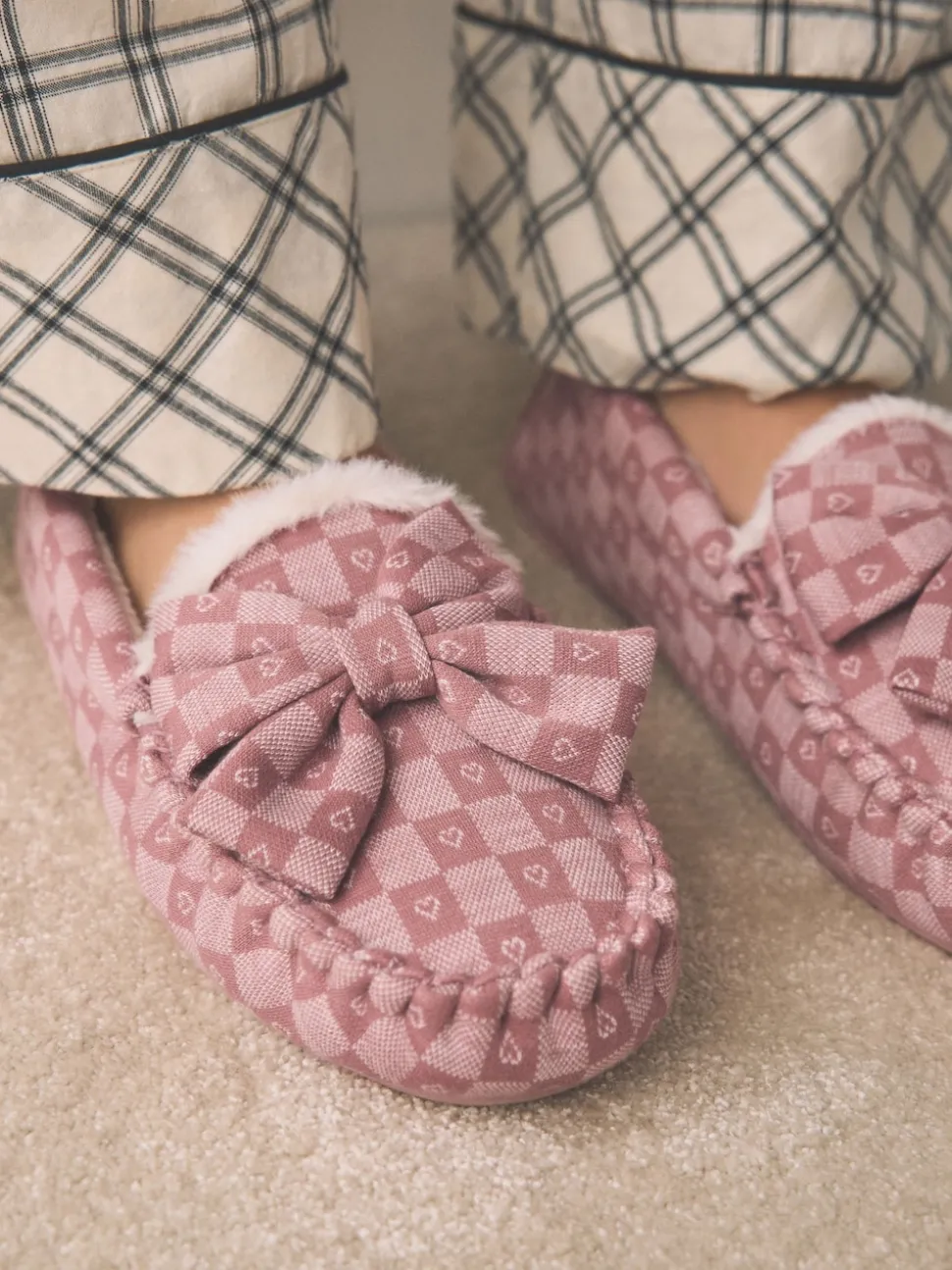 Pink Check Heart Moccasin Slippers