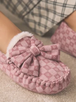 Pink Check Heart Moccasin Slippers