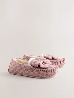 Pink Check Heart Moccasin Slippers