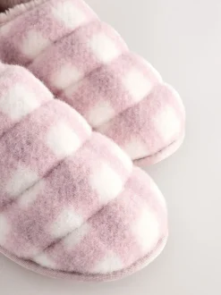 Pink Check Quilted Faux Fur Shoot Slippers