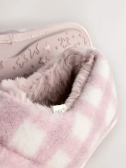 Pink Check Quilted Faux Fur Shoot Slippers