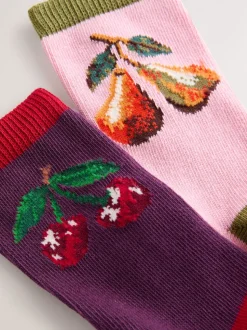 Pink Cherries Warm Handle Cotton Ankle Socks 2 Pack