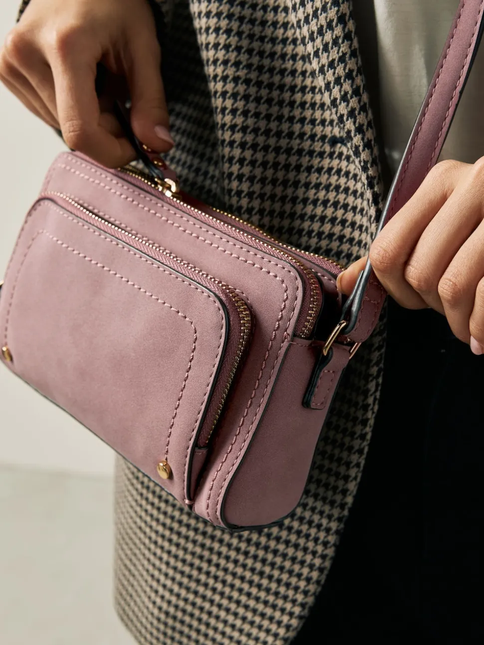 Pink Double Zip Cross-Body Faux Suede Bag