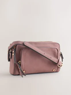 Pink Double Zip Cross-Body Faux Suede Bag