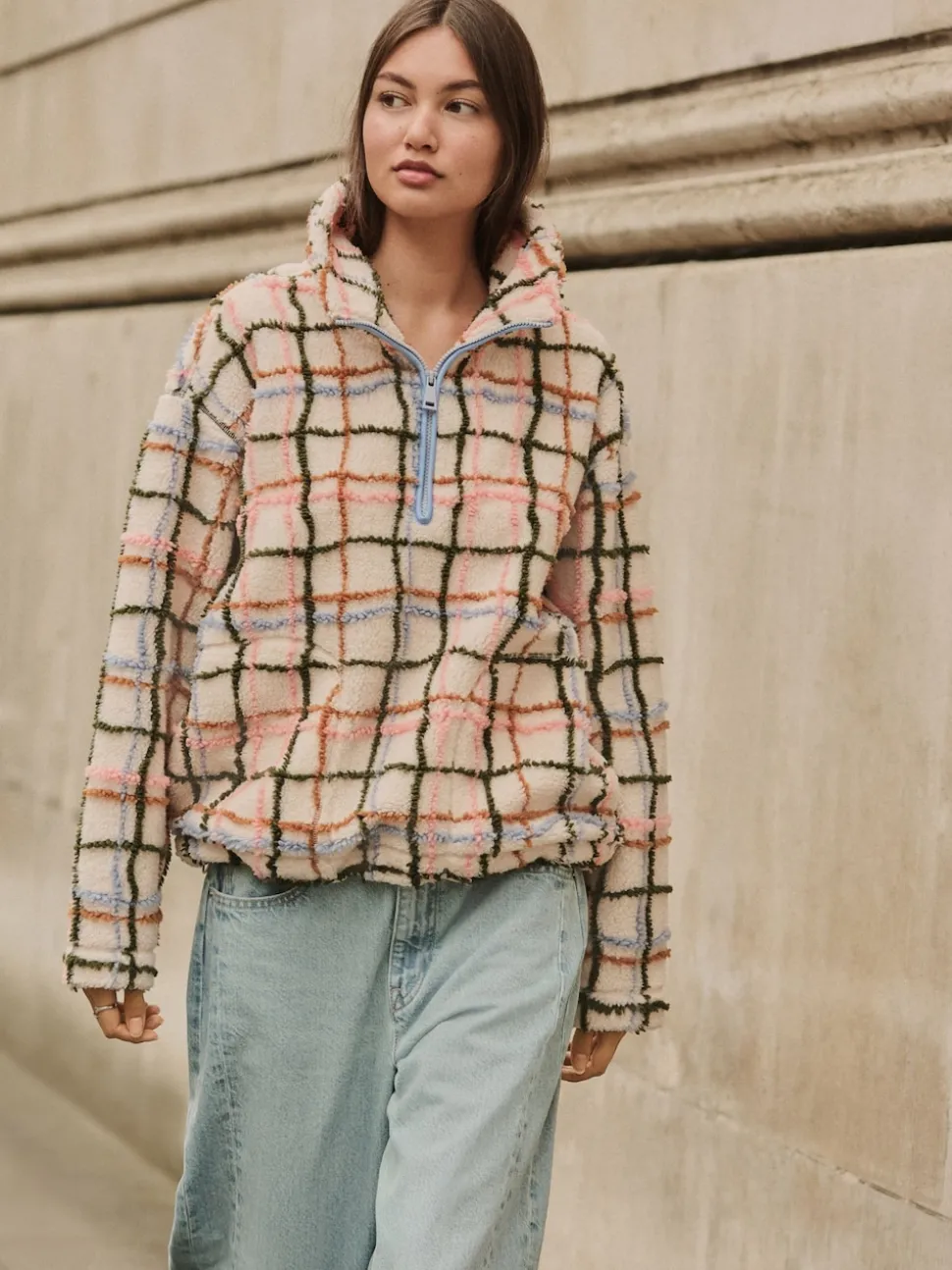 Pink/ Ecru Check Soft Touch Cosy Teddy Borg Quarter Zip Fleece