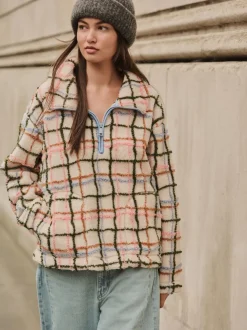 Pink/ Ecru Check Soft Touch Cosy Teddy Borg Quarter Zip Fleece