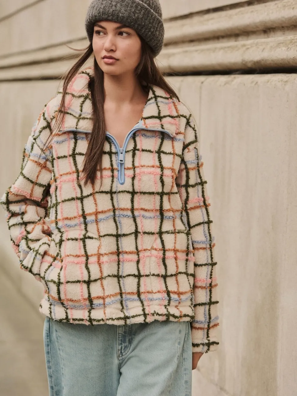 Pink/ Ecru Check Soft Touch Cosy Teddy Borg Quarter Zip Fleece