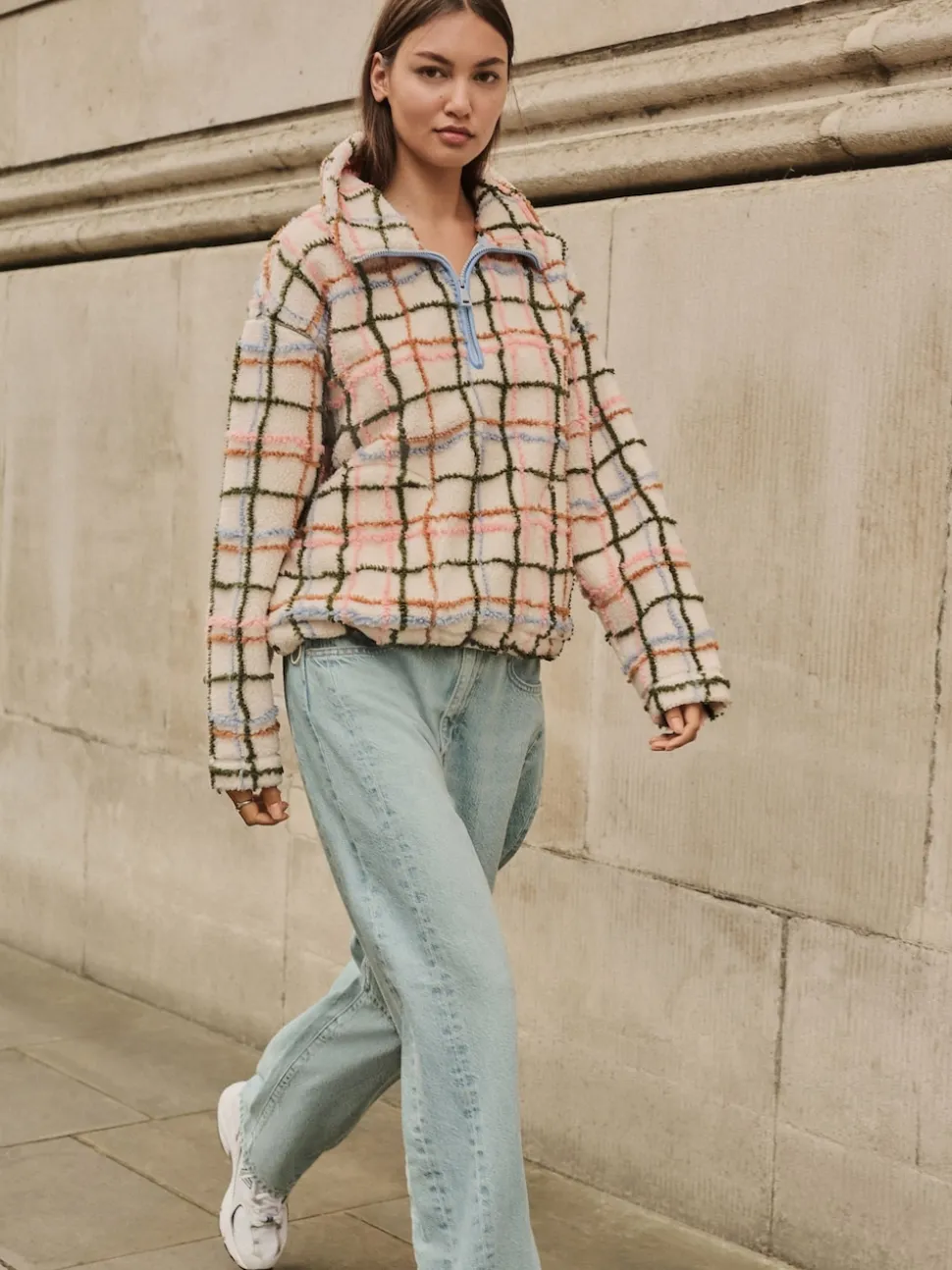 Pink/ Ecru Check Soft Touch Cosy Teddy Borg Quarter Zip Fleece