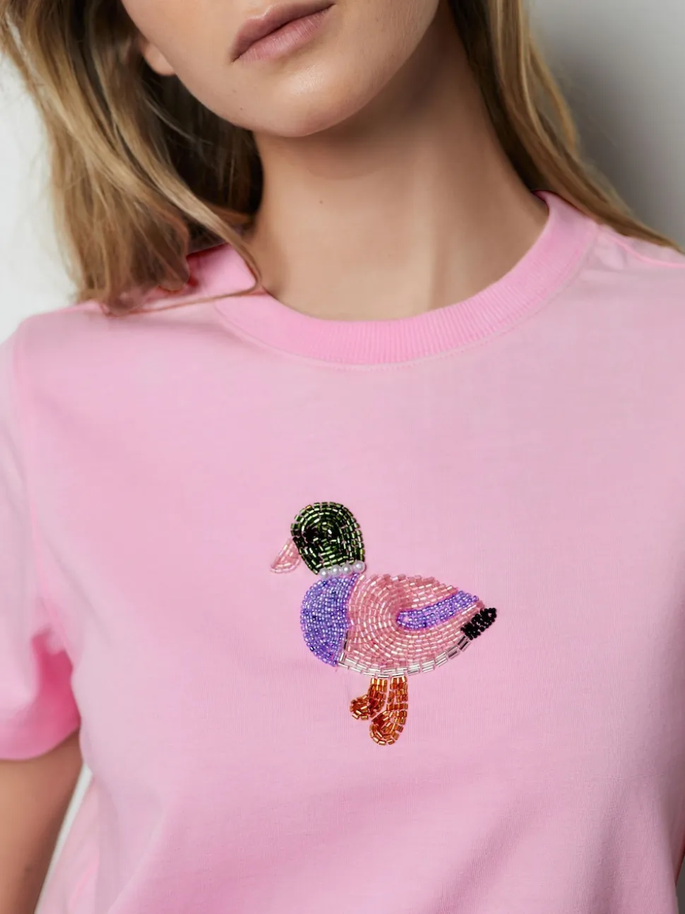 Pink Embellished Duck Short Sleeve Crew Neck Top