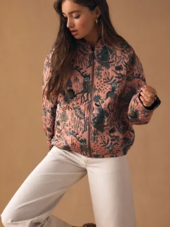 Pink Floral Jacquard Bomber Jacket