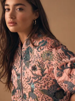 Pink Floral Jacquard Bomber Jacket