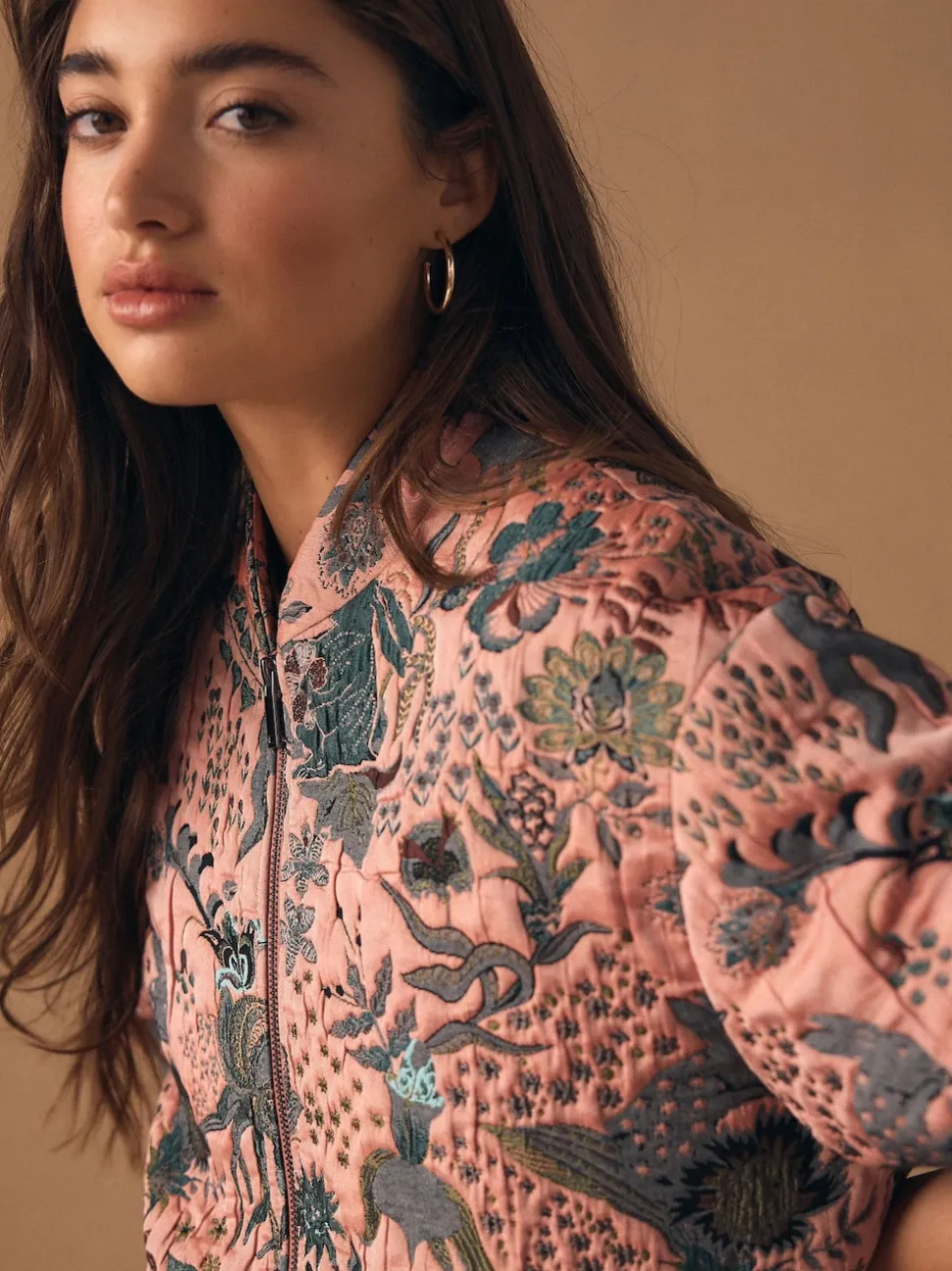 Pink Floral Jacquard Bomber Jacket