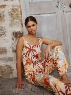 Pink Floral Patch Print Square Neck Wide Leg Jersey Jumpsuit