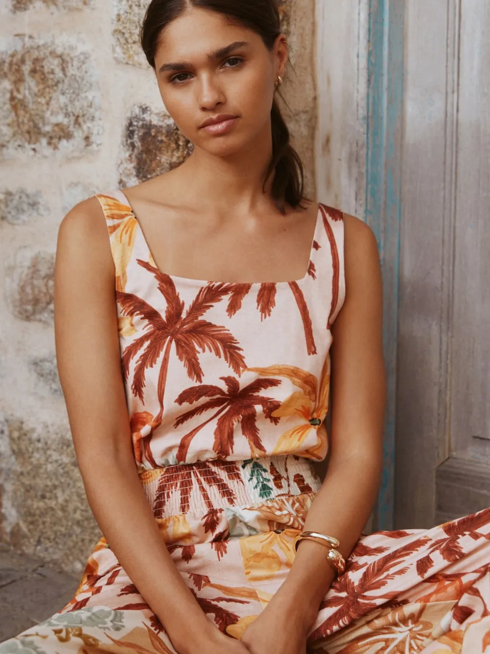Pink Floral Patch Print Square Neck Wide Leg Jersey Jumpsuit