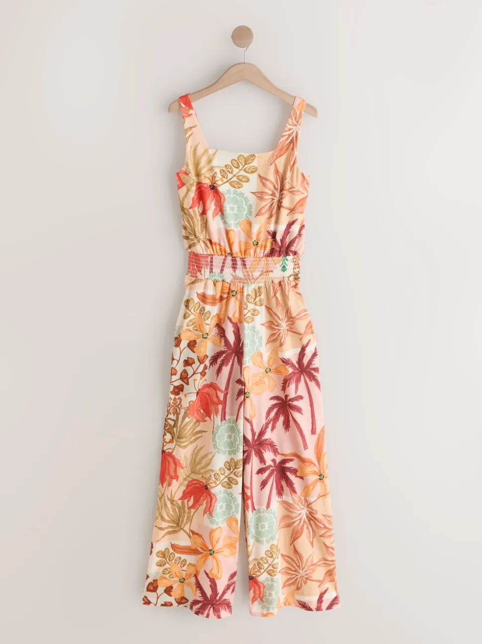 Pink Floral Patch Print Square Neck Wide Leg Jersey Jumpsuit