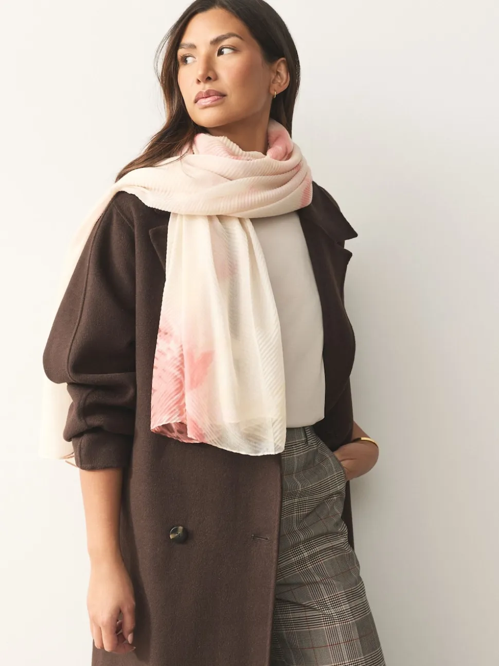 Pink Floral Print Plisse Lightweight Scarf