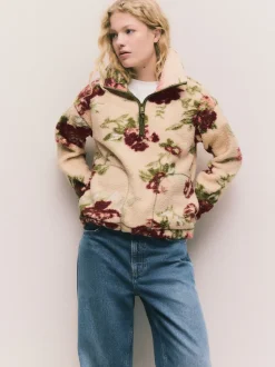 Pink Floral Print Soft Touch Cosy Teddy Borg Quarter Zip Fleece