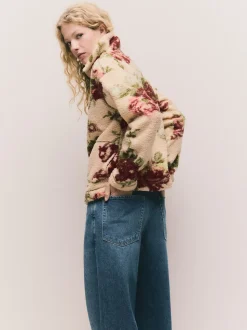 Pink Floral Print Soft Touch Cosy Teddy Borg Quarter Zip Fleece